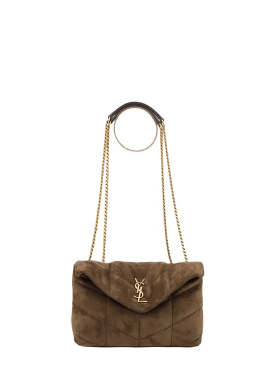 Saint Laurent Quilted Suede Shoulder Bag with Gold-tone Chain Strap