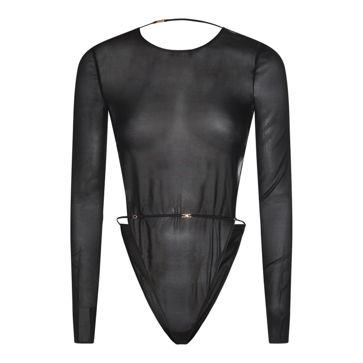 Saint Laurent Sheer Black Silk Bodysuit With Open Back And Gold Details