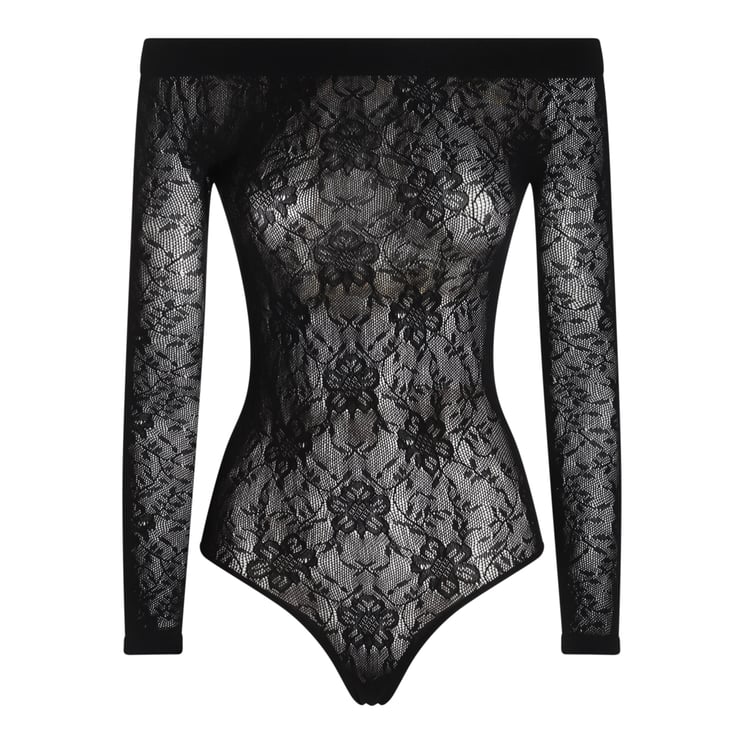 Saint Laurent Sheer Lace Bodysuit With Off-The-Shoulder Design