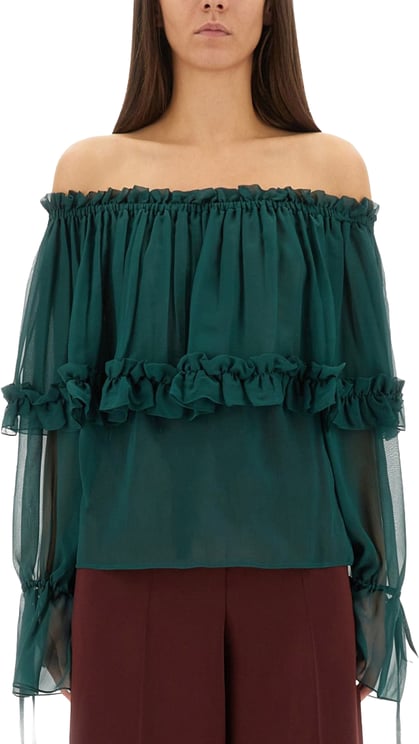Saint Laurent Sheer Ruffled Off-Shoulder Blouse In Silk