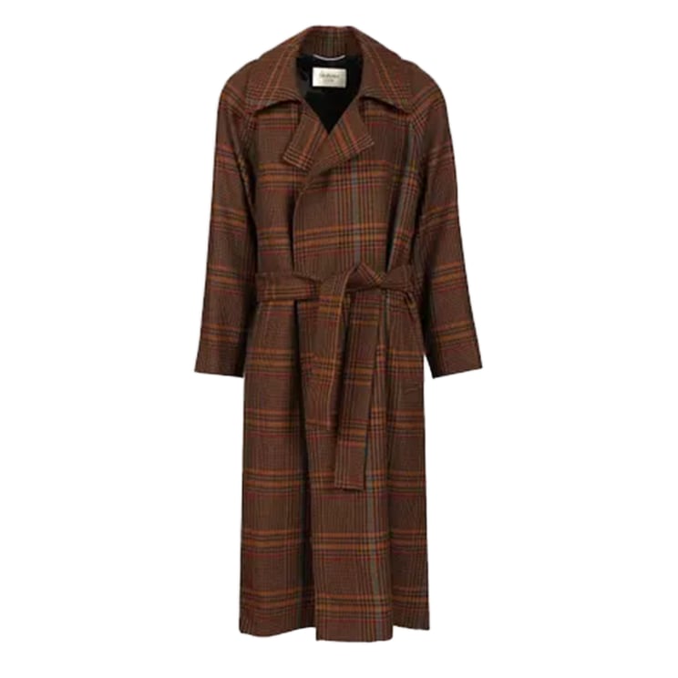 Saint Laurent Tailored Plaid Long Coat With Wide Collar And Belted Waist