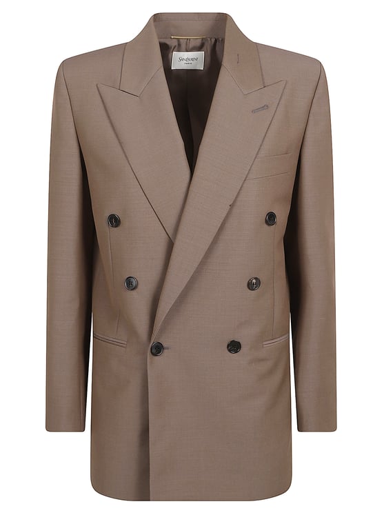 Saint Laurent Double-Breasted Boxy Jacket with Peak Lapel and Padded Shoulders