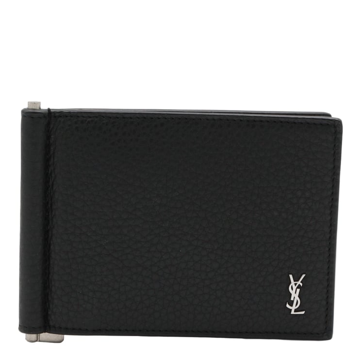 Saint Laurent Textured Leather Wallet With Metal Clip And Logo Emblem