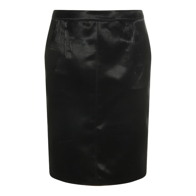 Saint Laurent Satin Finish Black Skirt With Pleated Waistband And Back Slit