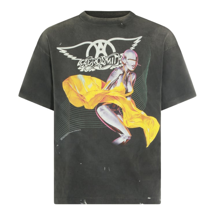 Saint Mxxxxxx Washed Black Graphic T-Shirt with Futuristic Design