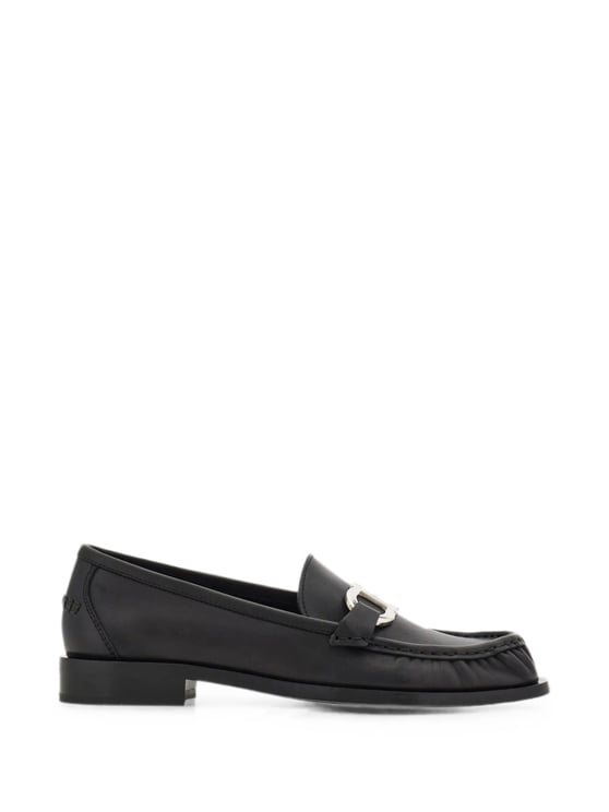 Salvatore Ferragamo Black Leather Loafers With Silver-Tone Metal Bit Detail