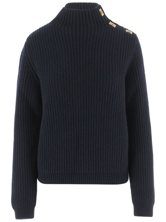 Salvatore Ferragamo Navy Ribbed Knit Wool-Blend Turtleneck