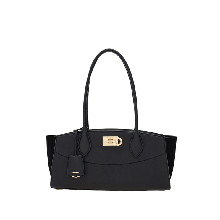 Salvatore Ferragamo Embossed Leather East West Shoulder Bag With Suede Accents