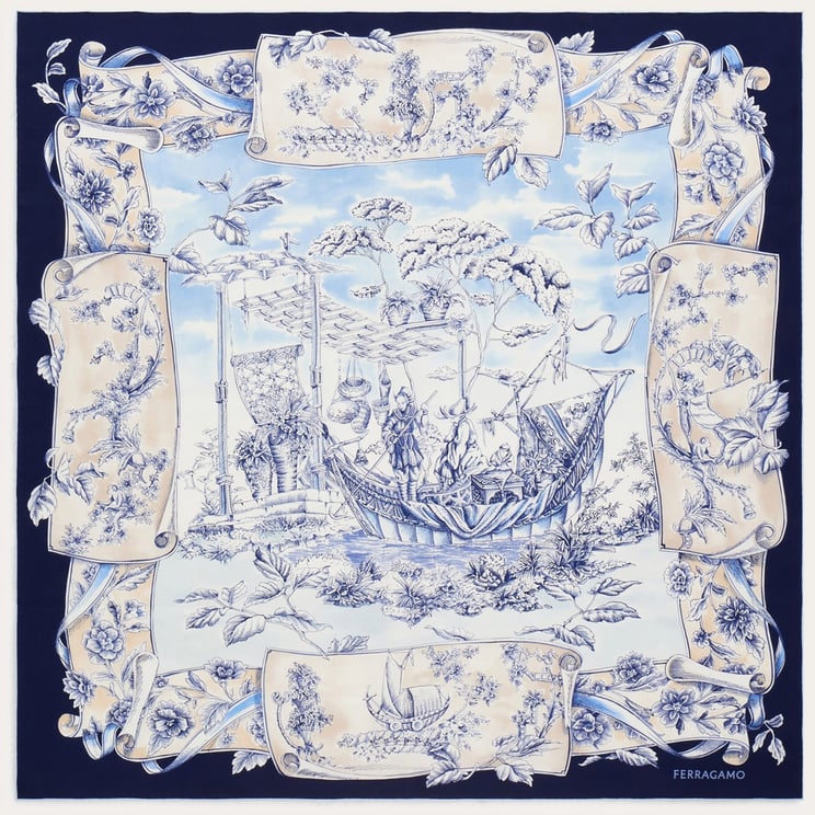 Salvatore Ferragamo Blue Voyage Print Silk Scarf