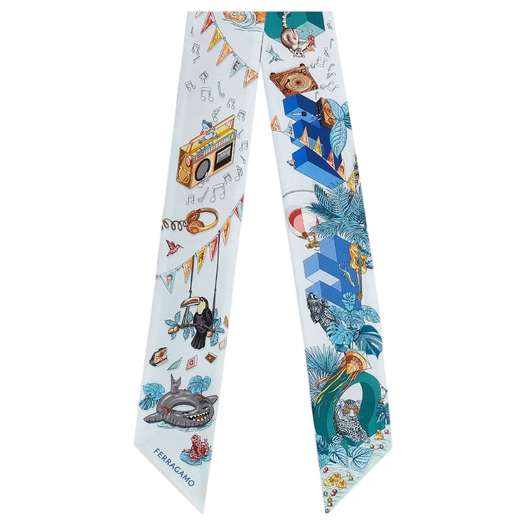 Salvatore Ferragamo Mini Bandeau Silk Scarf with Jungle Party Print