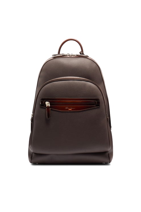 Santoni Artisanal Brown Leather Backpack with Dual Compartments