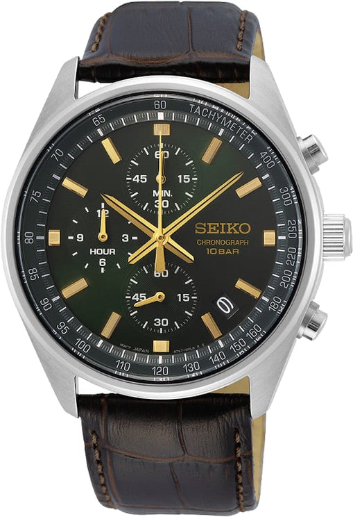 Seiko HEREN CHRONO STAAL BRUIN LEER GROEN 100M WR SSB385P1