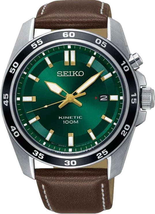 Seiko Seiko Horloge SKA791P1 Staal Kinetic 100m Waterdicht met Groen Wijzerplaat en Bruin Leren Horlogeband 43mm