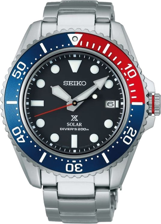 Seiko Seiko Horloge SNE591P1 Prospex Staal Solar Saffierglas 100m Waterdicht met Blauw Rood 43mm