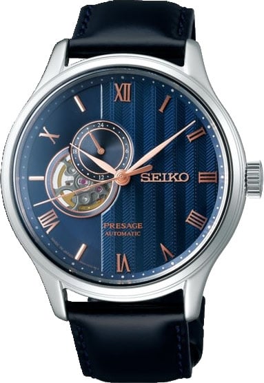 Seiko Seiko Horloge SSA421J1 Presage Staal Automaat Saffierglas met Blauwe Wijzerplaat Open Heart en Blauw Leren Horlogeband 41mm