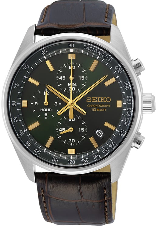 Seiko Seiko Horloge SSB385P1 Staal Chronograaf  met Groene Wijzerplaat en Bruin Leren Horlogeband 41.5mm