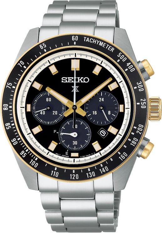 Seiko Seiko Horloge SSC941P1 Prospex Speedtimer Staal Bi-color Solar Chronograaf Saffierglas 100m Waterdicht met Zwarte Wijzerplaat 41mm
