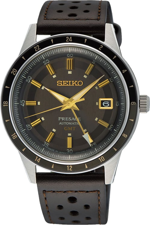 Seiko Seiko Horloge SSK013J1 Presage Staal Automaat GMT 50m Waterdicht met Bruine Leren Horlogeband 41mm