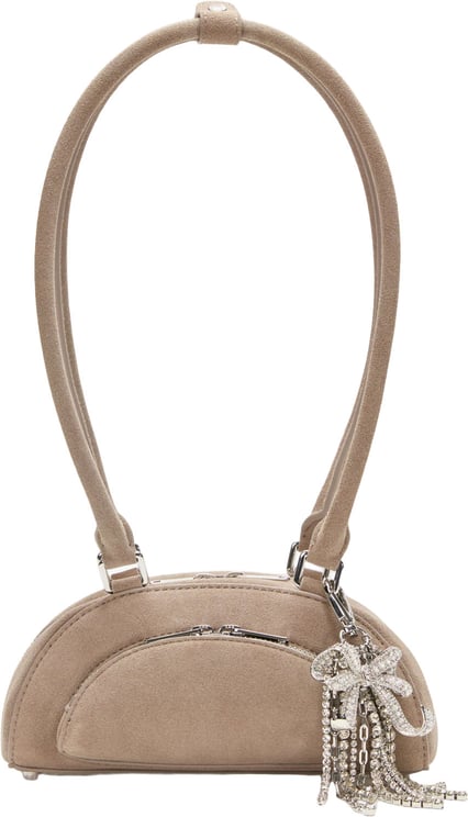 Self-Portrait Mini Taupe Suede Shoulder Bag With Detachable Bow Charm