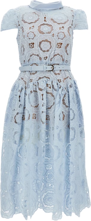 Self-Portrait Floral Lace Midi Dress with Refined Collar and Detachable Belt