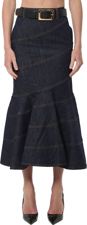 Self-Portrait Indigo denim belted midi skirt