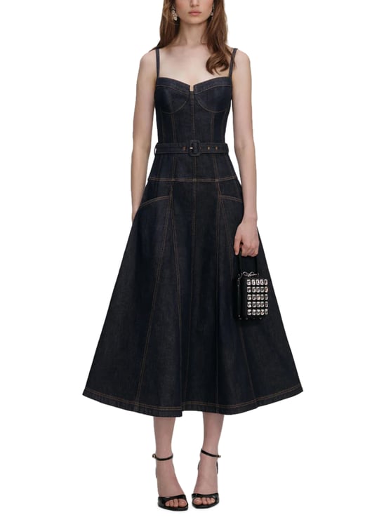 Self-Portrait Indigo Denim Flared Midi Dress with Contrast Stitching