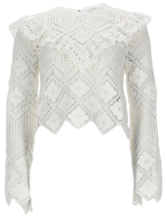 Self-Portrait Cropped Keyhole Button Crochet Top