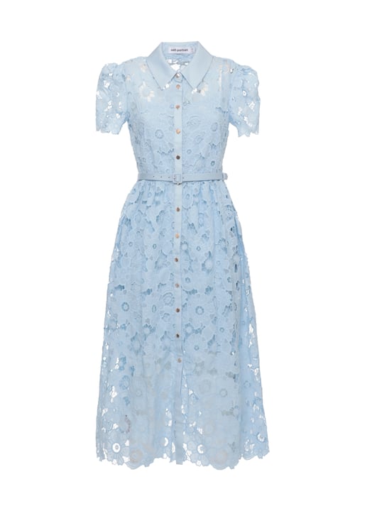 Self-Portrait Light Blue Lace Collared Midi Dress With Matching Belt