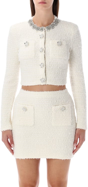 Self-Portrait Self-Portrait cream bouclé knit cropped cardigan with crystal buttons