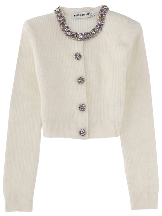 Self-Portrait Black Polyester-Blend Diamanté Ribbed Cardigan