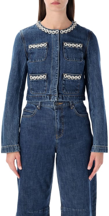 Self-Portrait Self-Portrait cropped denim jacket with crystal chain trims