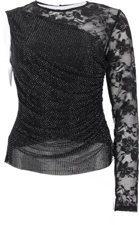 Self-Portrait Asymmetrical Black Top with Sheer Floral Lace Detail