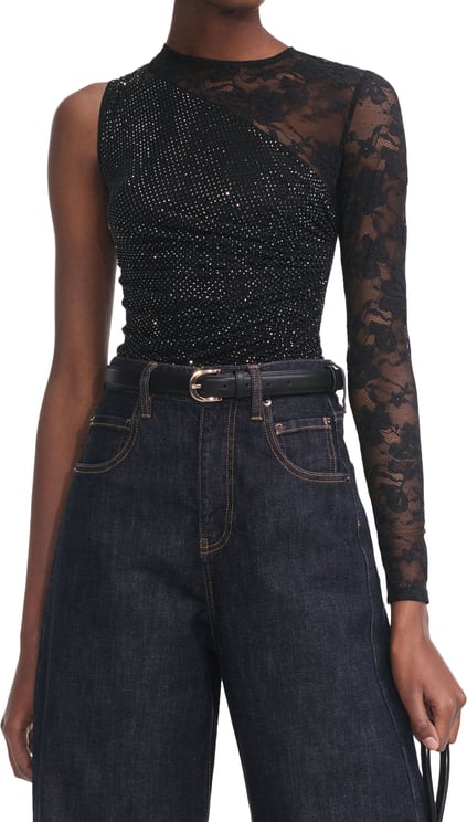 Self-Portrait Asymmetrical Black Top with Sheer Floral Lace Detail