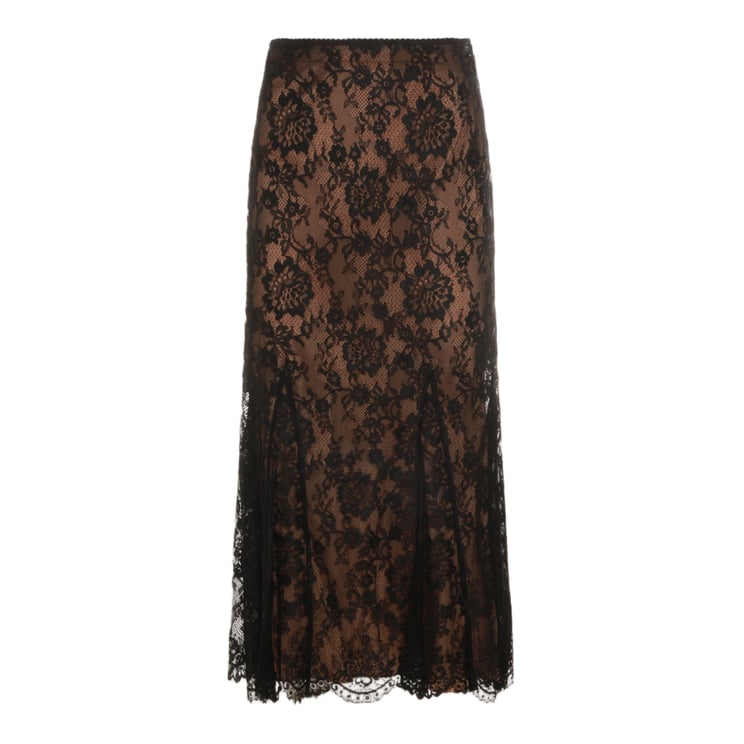 Self-Portrait Sheer Black Floral Lace Midi Skirt With Scalloped Hem