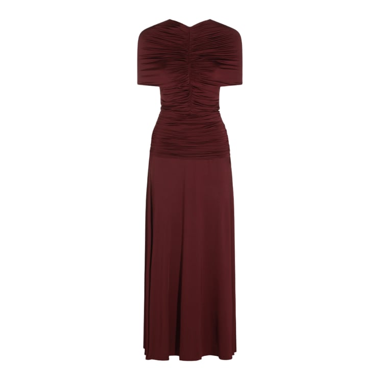 Self-Portrait Deep Burgundy Midi Dress With Ruched Bodice And Flared Skirt