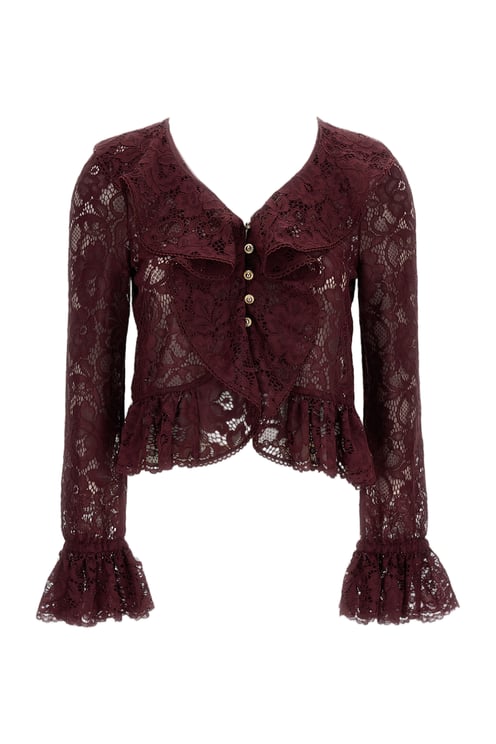 Self-Portrait Burgundy Lace Ruffle Crop Top