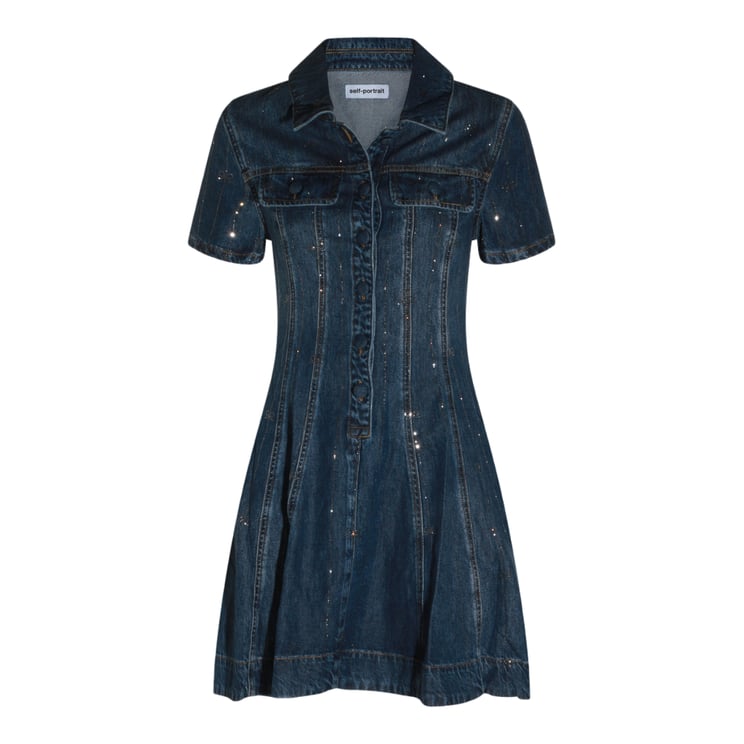 Self-Portrait Fitted Denim Mini Dress With Collared Neckline And Sparkling Accents