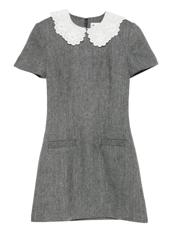 Self-Portrait Gray Scalloped Collar Wool Dress