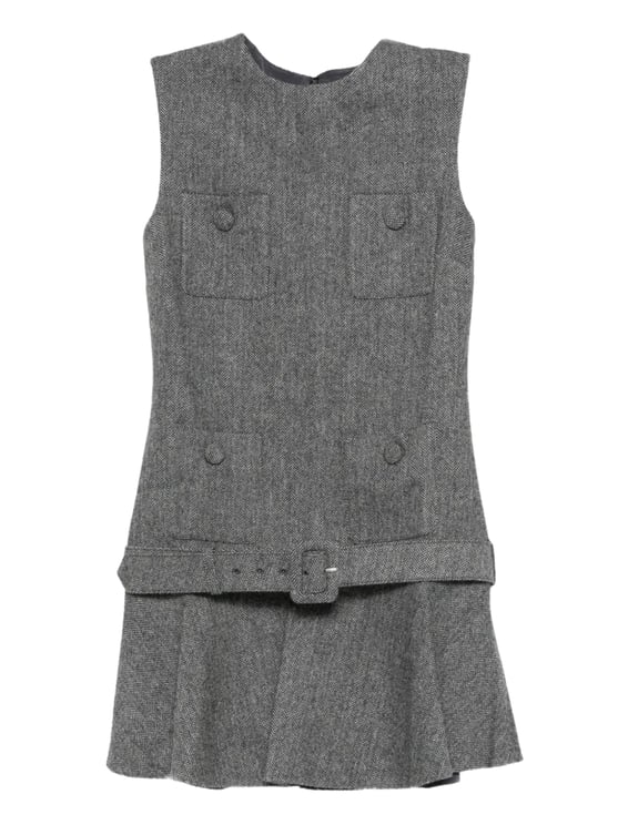 Self-Portrait Gray Herringbone Pattern Wool Dress