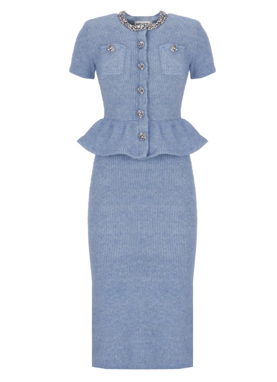 Self-Portrait Peplum Midi Dress with Rhinestone Embellishments and Button Details