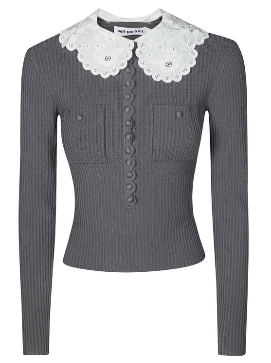 Self-Portrait Fitted Ribbed Knit Scalloped Collar Top