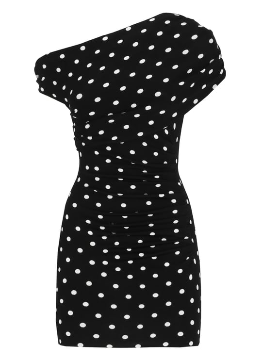 Self-Portrait Asymmetric One-Shoulder Mini Dress with Contrasting Polka Dot Pattern