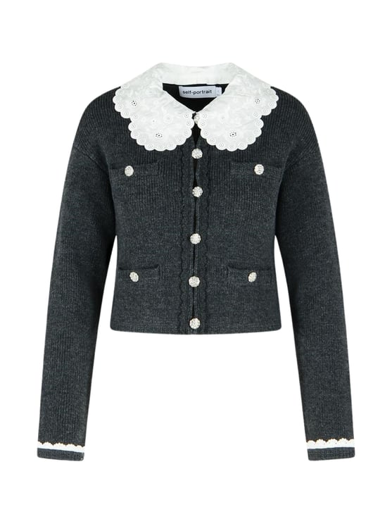 Self-Portrait Gray Jeweled Button Wool Cardigan