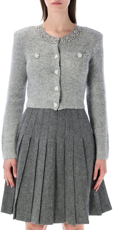 Self-Portrait Crystal Trim Cardigan Grigio