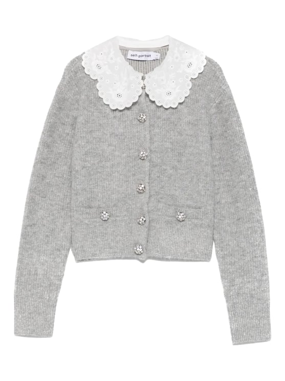 Self-Portrait Light Gray Jeweled Button Cardigan
