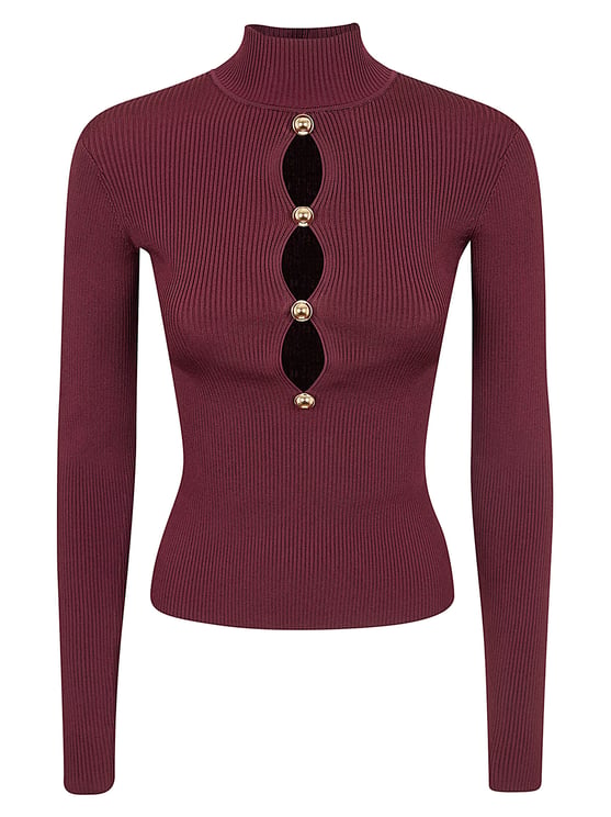 Self-Portrait Slim-Fit Burgundy Ribbed Knit Top with Keyhole Cutouts