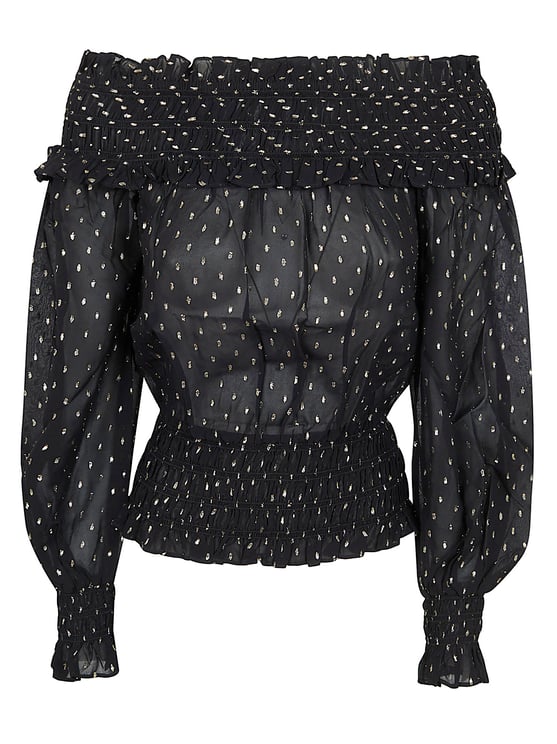 Self-Portrait Off-the-Shoulder Black Chiffon Top with Metallic Fil Coupé Details
