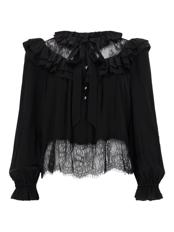 Self-Portrait Blue Relaxed Fit Viscose Ruffled Neckline Blouse