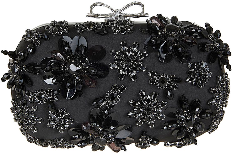Self-Portrait SELF-PORTRAIT BLACK SATIN FLORAL CRYSTAL CLUTCH BAG