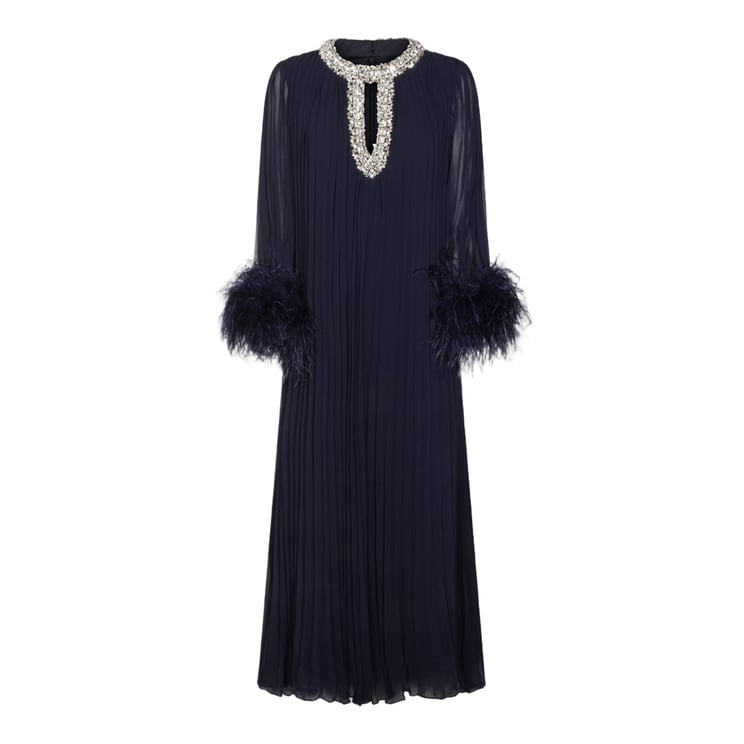 Self-Portrait Flowing Pleated Midi Dress with Feather Cuffs